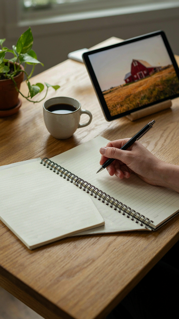 A hand draws daily routines on a notebook, ignoring a barn picture.