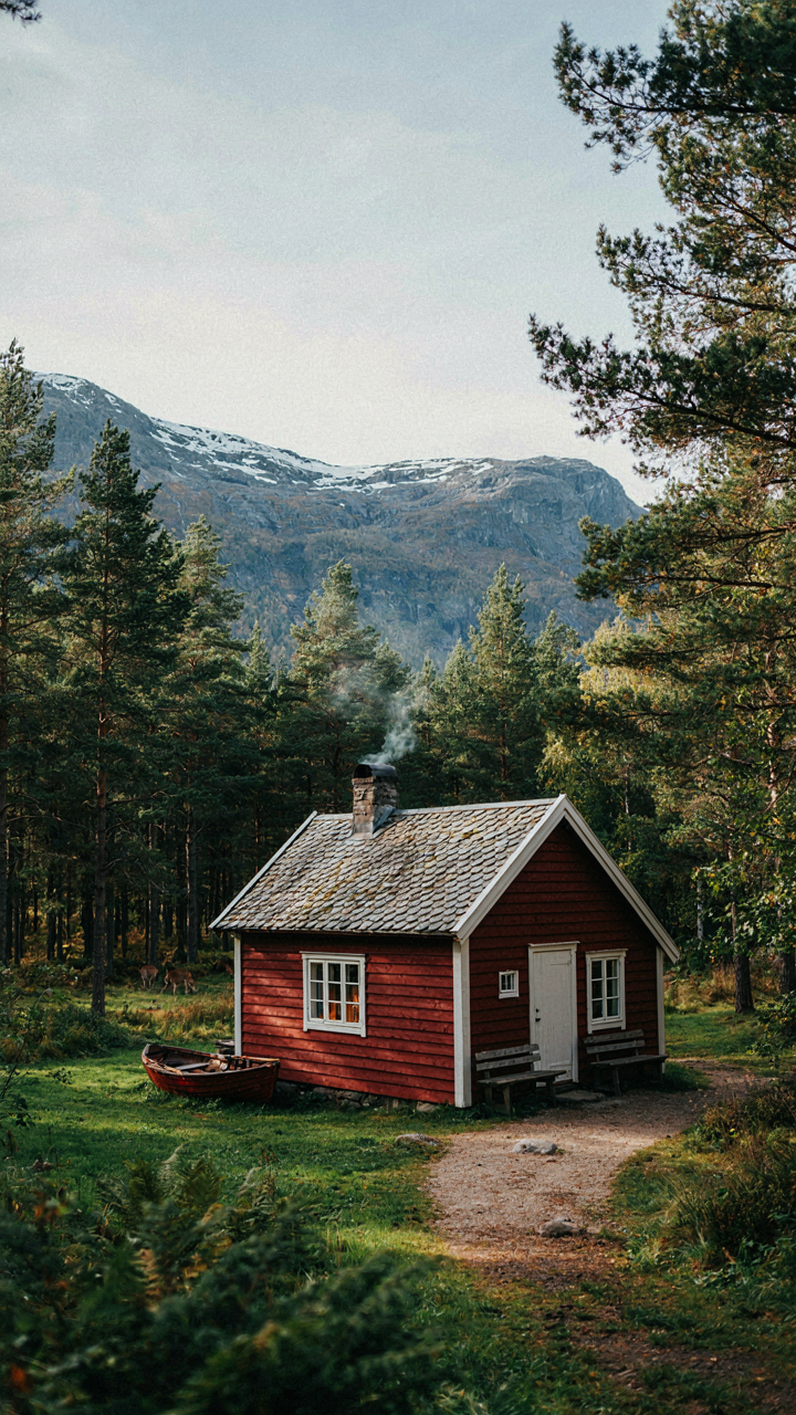 A charming red cabin with white trim nestled in the Norwegian countryside.