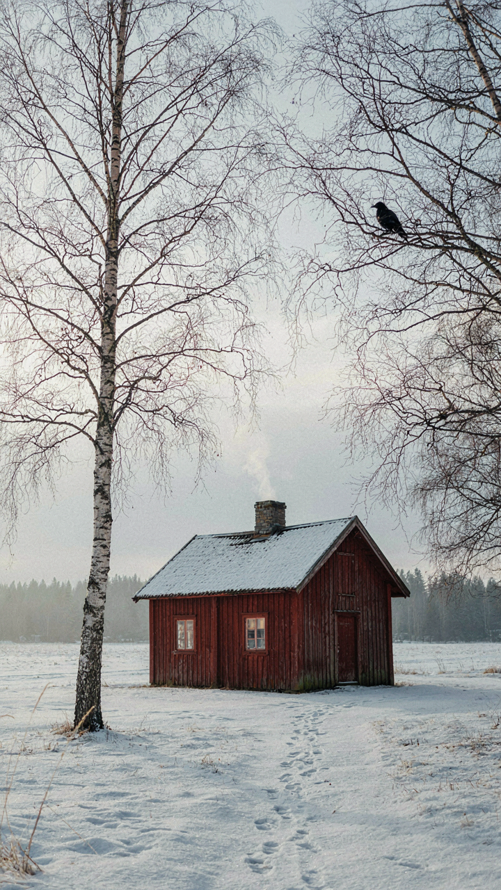 Red cottage house with a deciduous birch tree in front during winter.