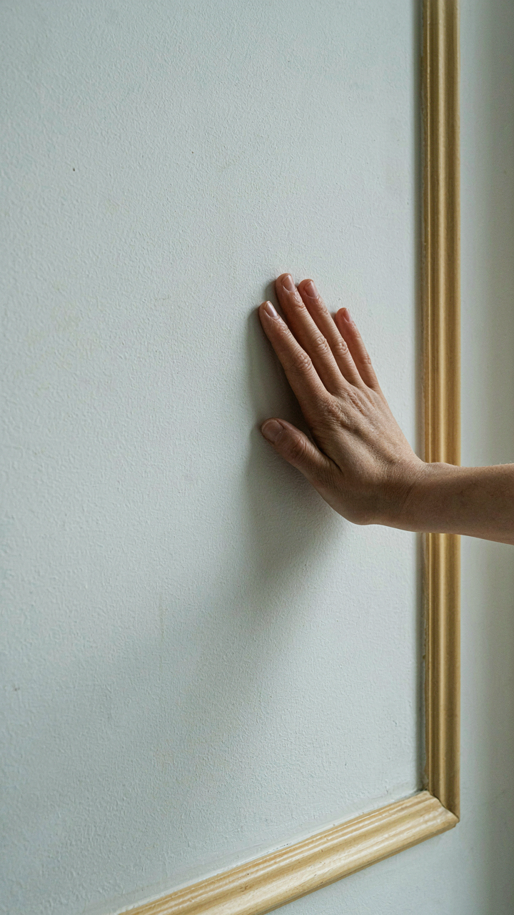 Hand touching a matte white wall next to subtle satin wood trim in soft light.