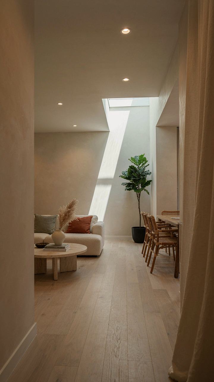 A modern ranch house interior with recessed lighting and a skylight.