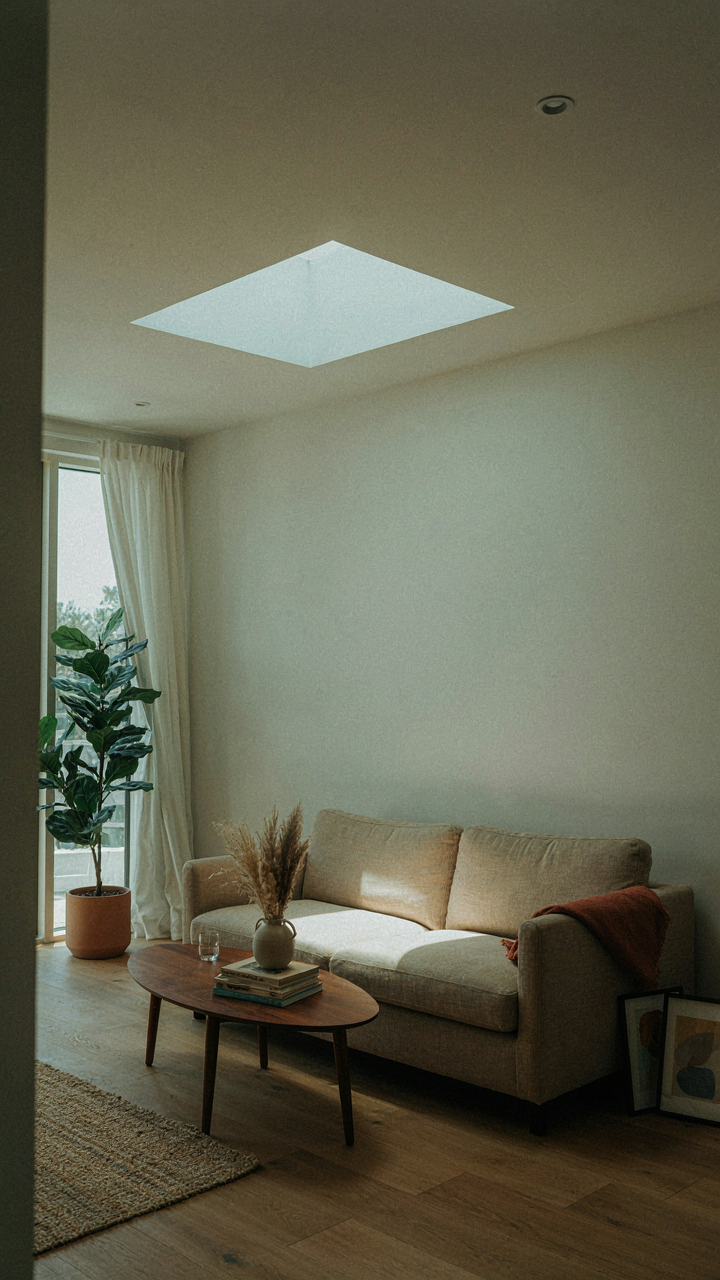 A living room well-lit by a small, strategically placed skylight.