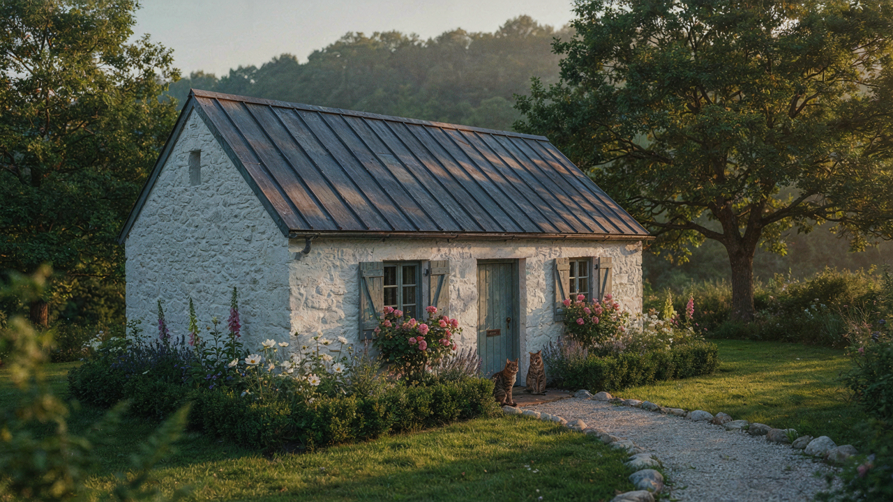 A beautiful small cottage with a metal roof and a vibrant garden, bathed in sunlight.