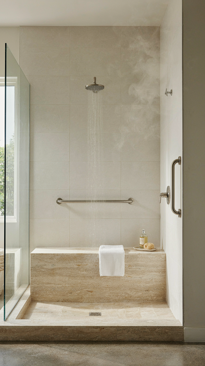 A large walk-in shower with grab bars and no step, designed for easy access.
