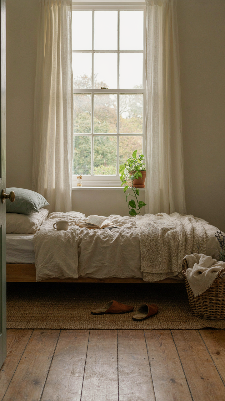 A cottagecore bedroom with the bed placed perpendicular to a window with sheer curtains.