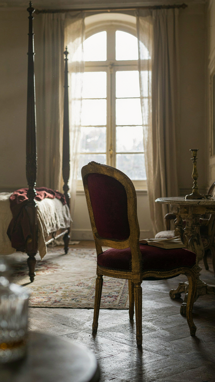 An antique Louis XVI chair with worn velvet in a chateau bedroom.