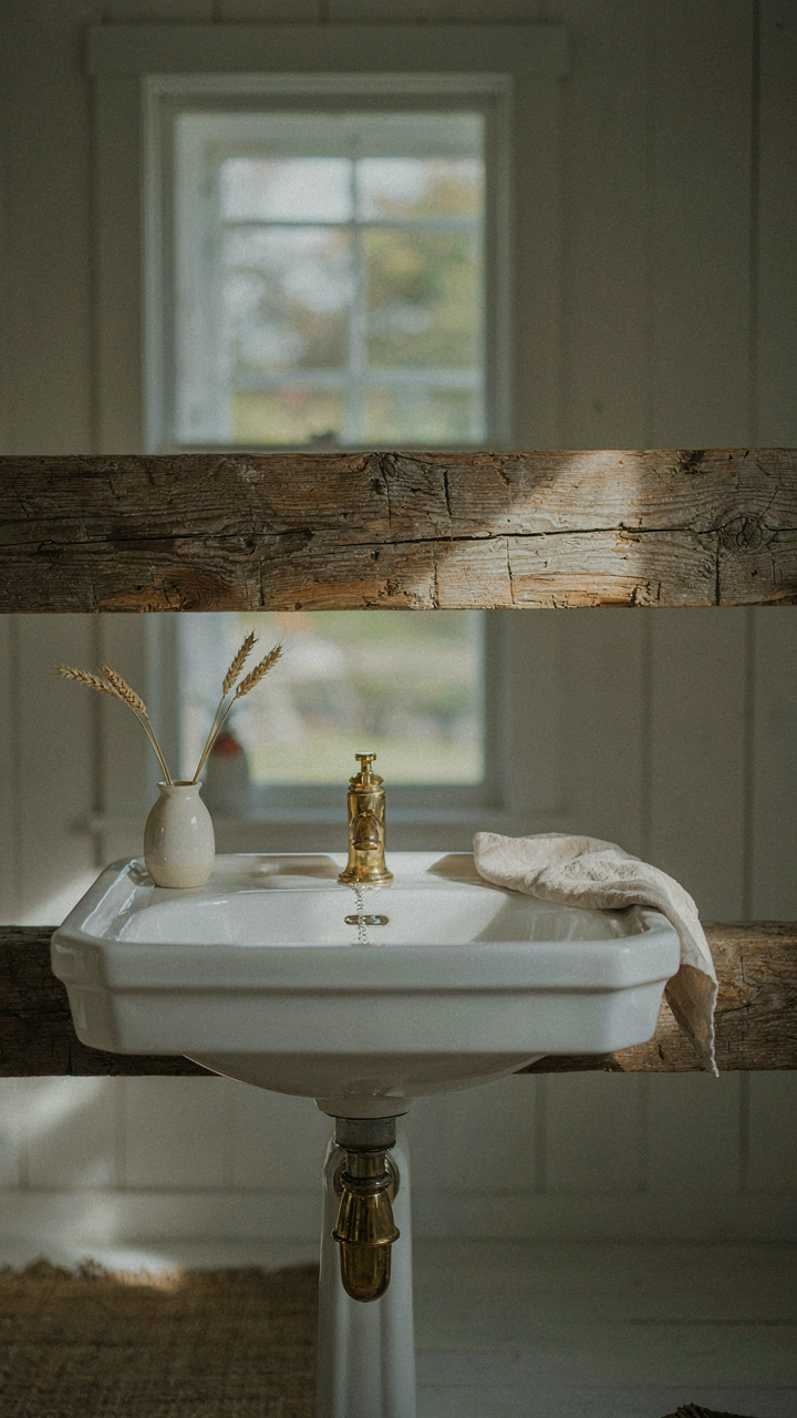 A reclaimed barn wood beam with tool marks supports a rustic bathroom vanity.