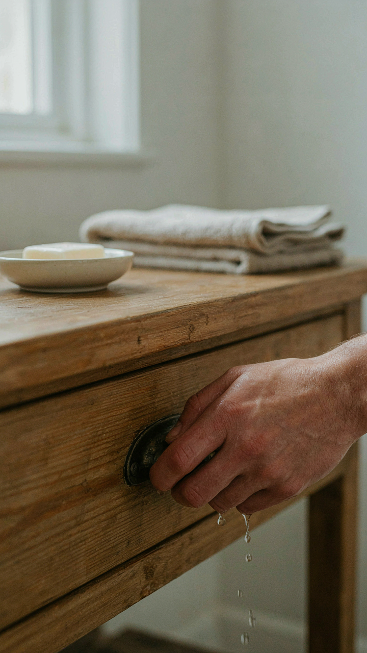A wet hand grips an off-center dark metal drawer pull on a wood vanity.