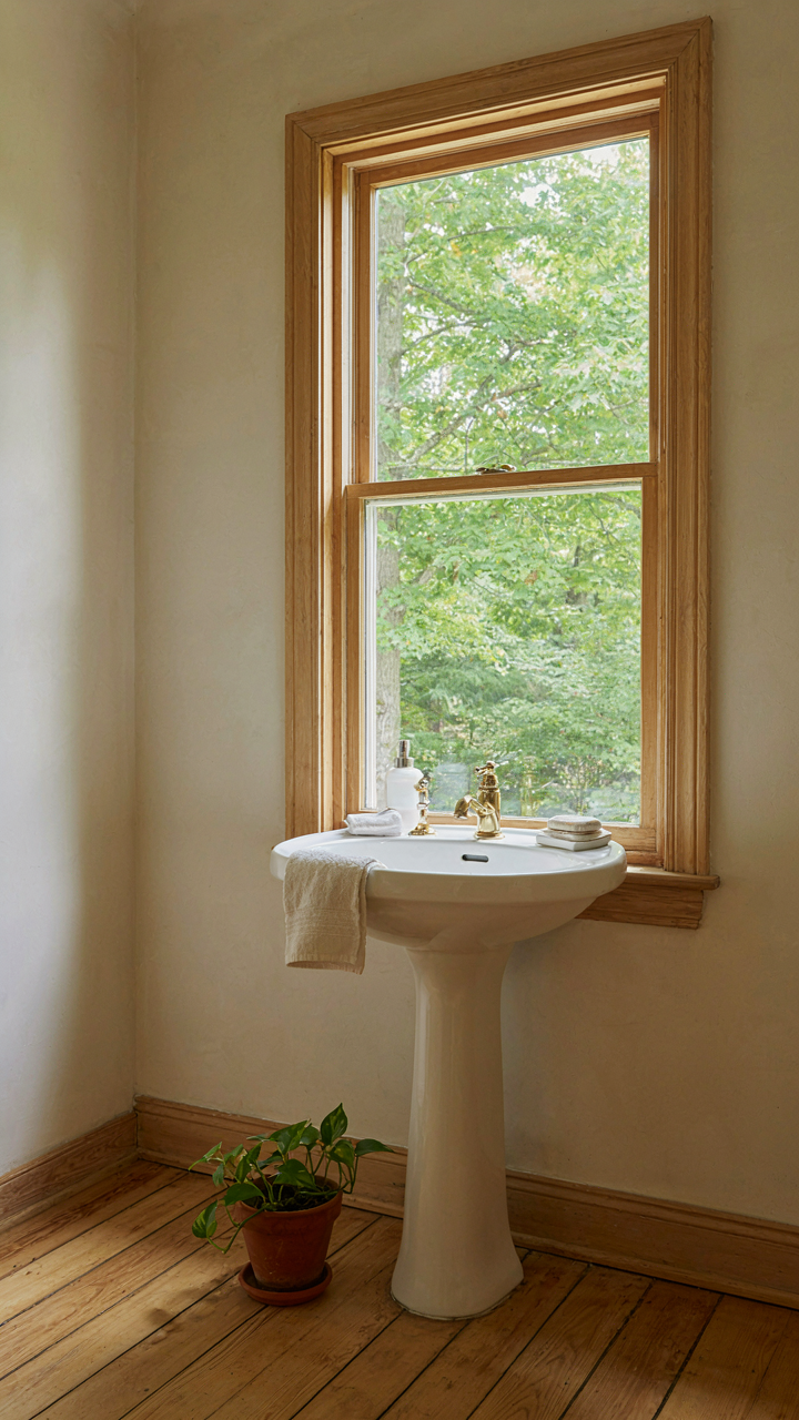 A large window in a small cabin bathroom shows green trees outside.