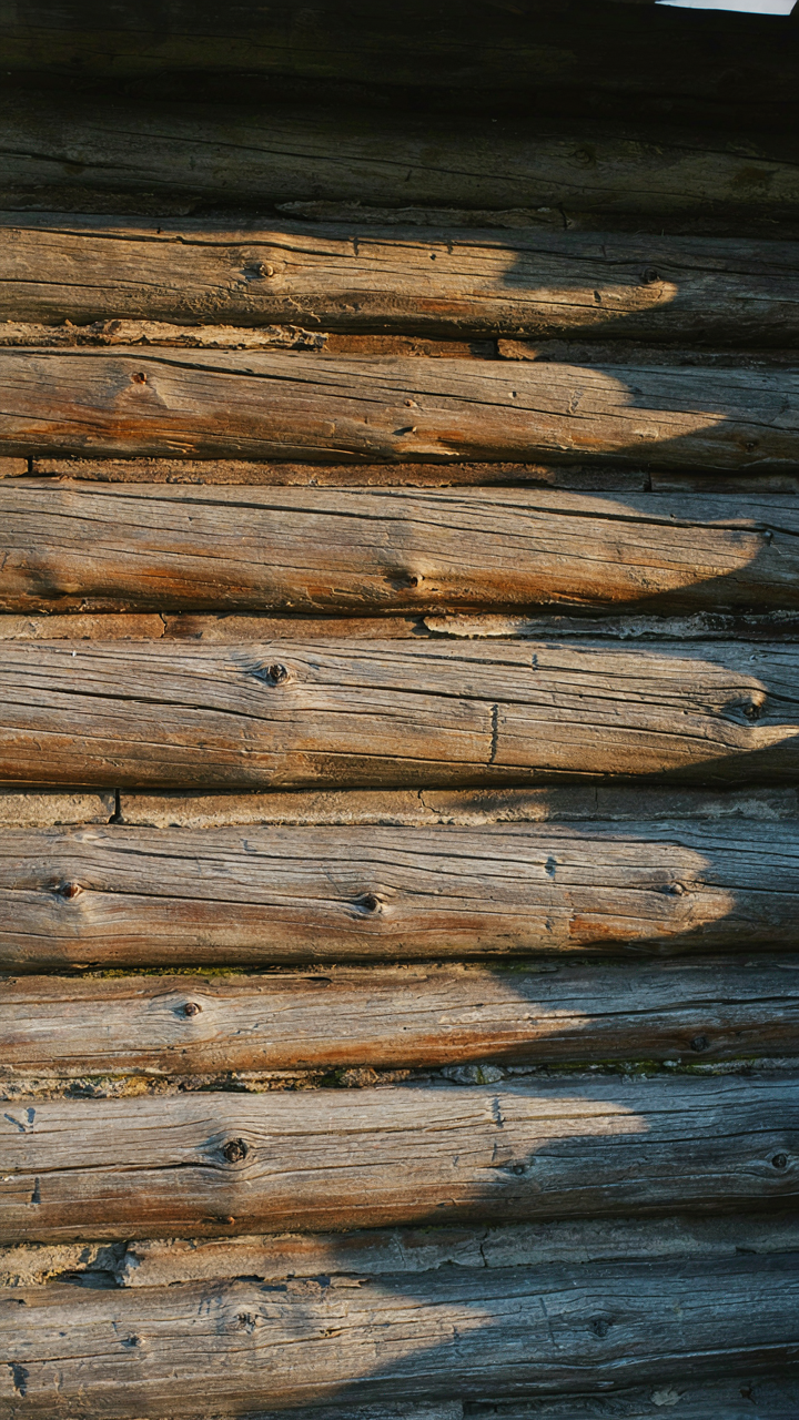 A log cabin wall shows natural patina, weathered wood, and hairline cracks.