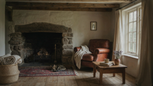 A warm rustic cottage living room with a stone fireplace and weathered wood beams.