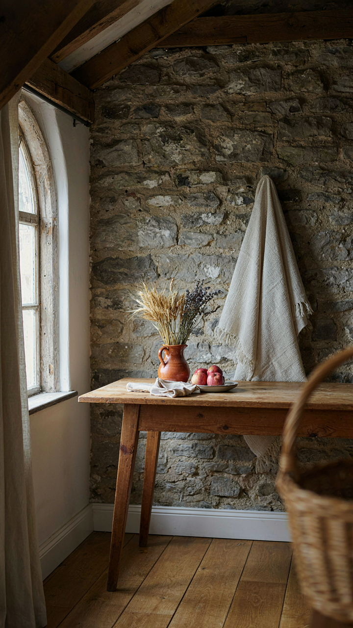 A vintage cottage room with exposed wooden beams and a stone wall.