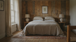 A rustic farmhouse bedroom with a reclaimed wood headboard and soft linen bedding.