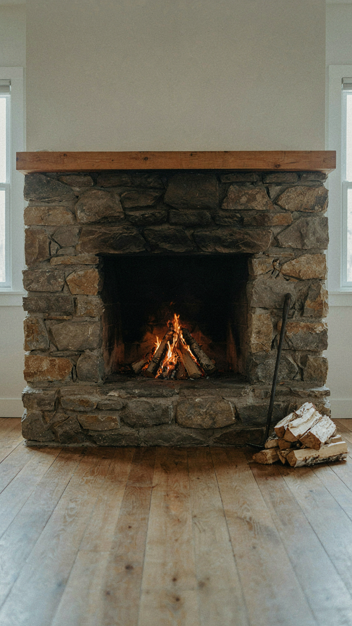 A minimalist, functional stone and timber cabin fireplace with a clean fire.