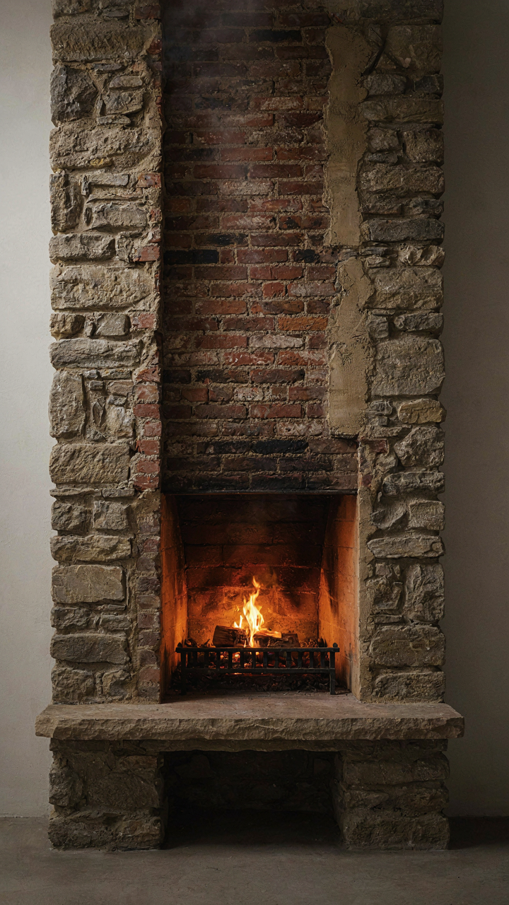 A cutaway diagram showing heat radiating from a thick stone fireplace wall.