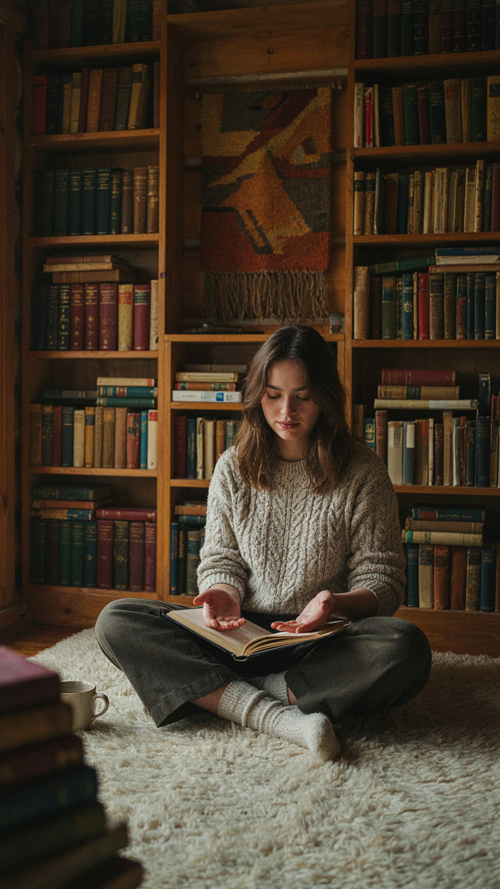 A person sitting on a rug in a log cabin, surrounded by soft furnishings for acoustics.