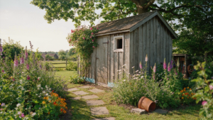 A rustic garden shed with weathered wood siding sits among vibrant green plants.