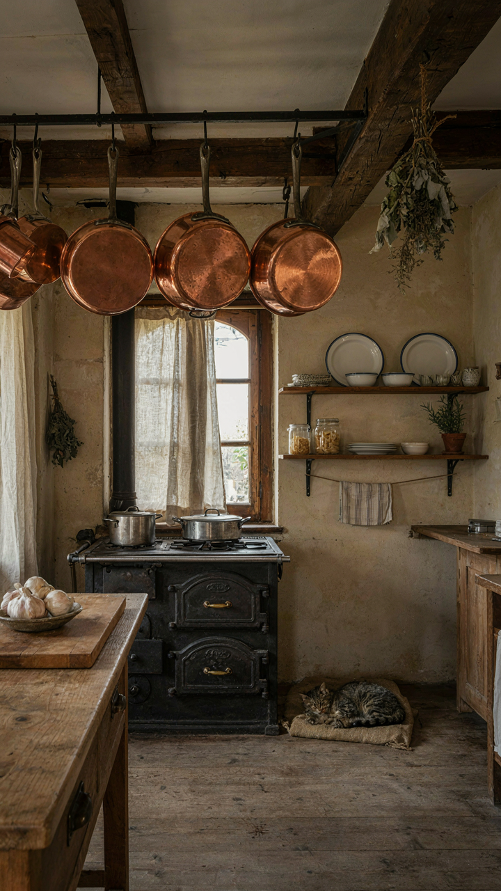 Copper pots and pans hanging above an antique stove.