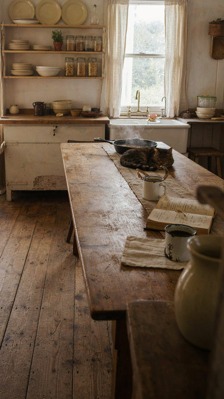 A rustic kitchen with a vintage wooden table showing many signs of use.