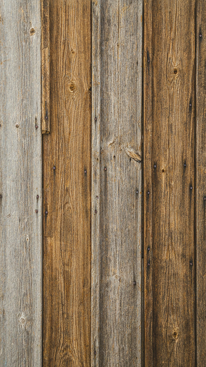 A wall made of weathered reclaimed barn wood with nail holes.