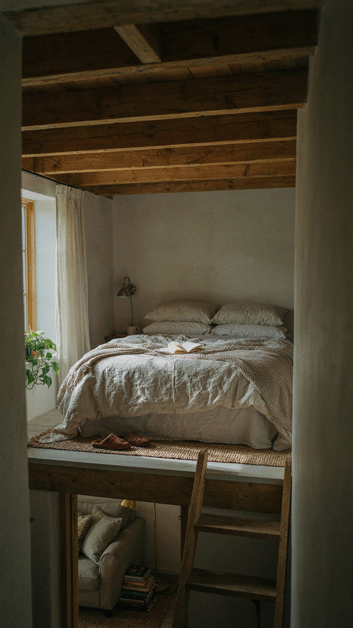 A cozy loft bedroom with solid wood beams in a tiny farmhouse interior.
