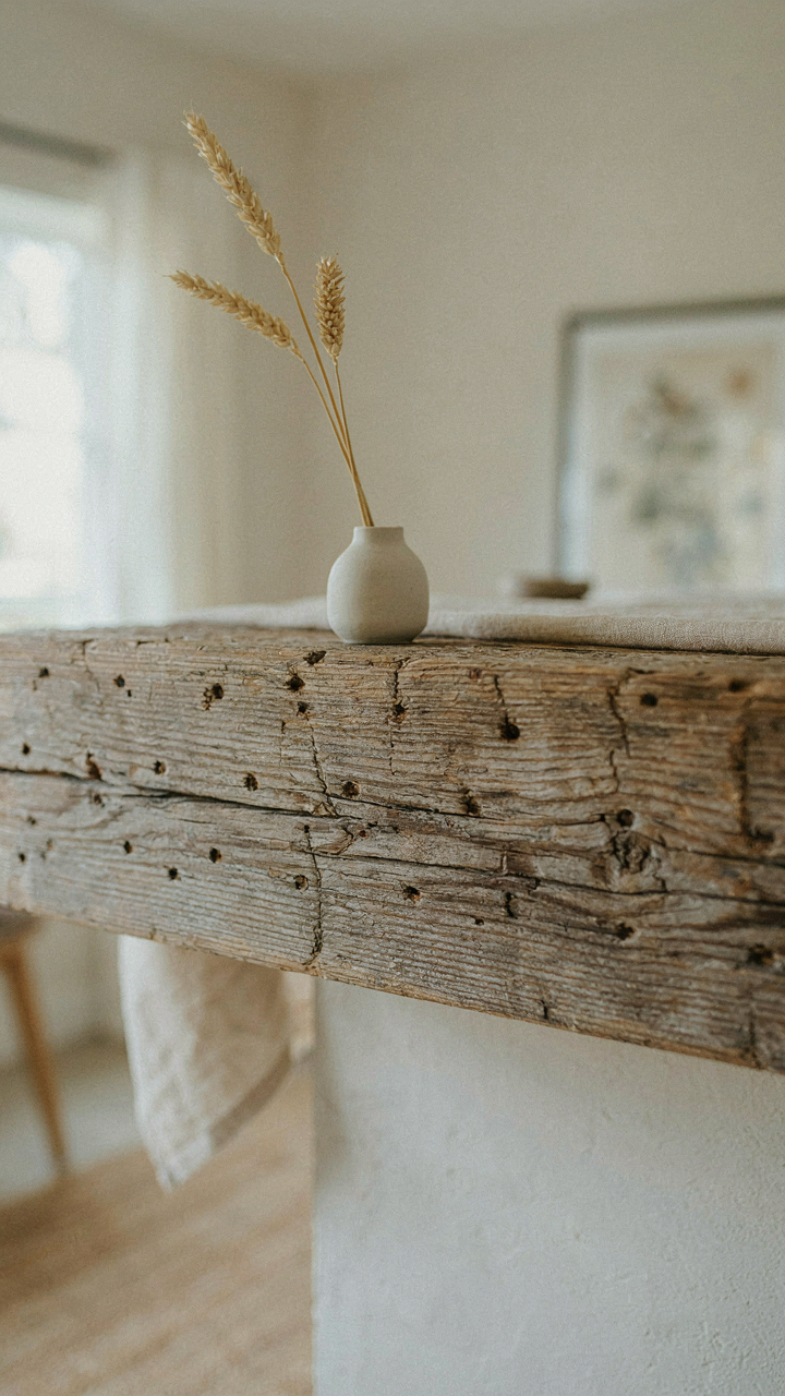 A close-up of a reclaimed barn wood mantel shows nail holes and weathered textures.