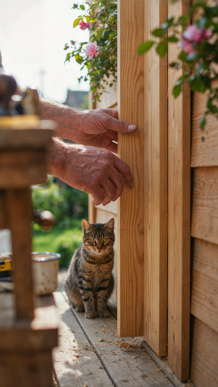 A carpenter's hands installing durable cedar planks on a garden shed porch.