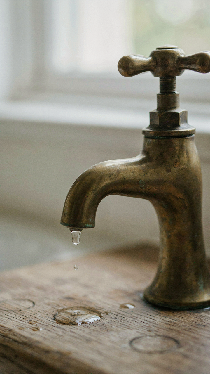 Close up of an antique metal faucet with patina on a worn wood vanity.