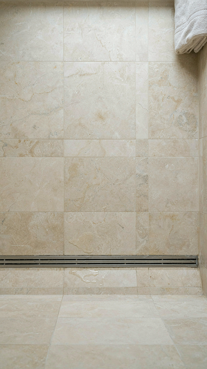 A natural stone shower floor with a linear drain and a visible slope.