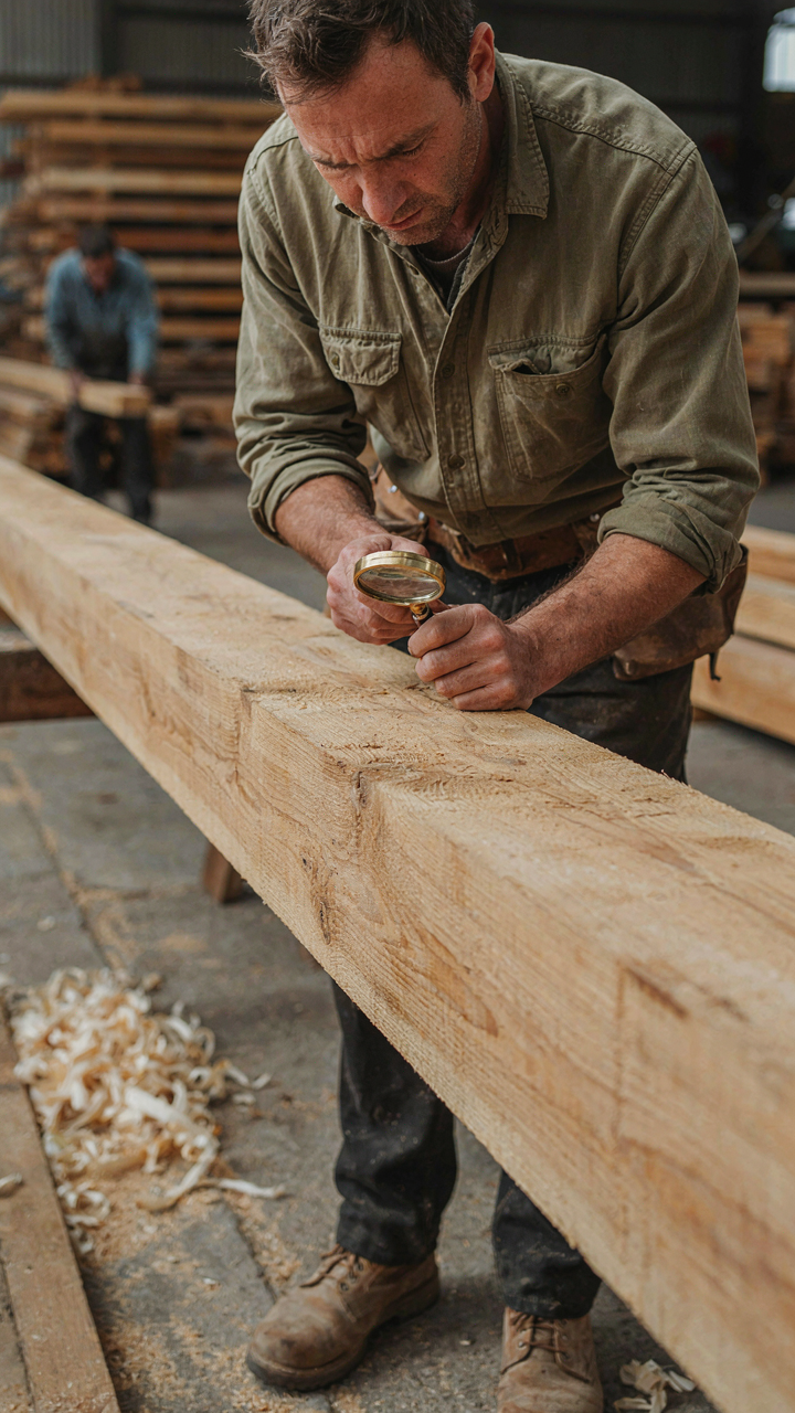 A worker examines a rough-hewn beam closely with a magnifying glass.