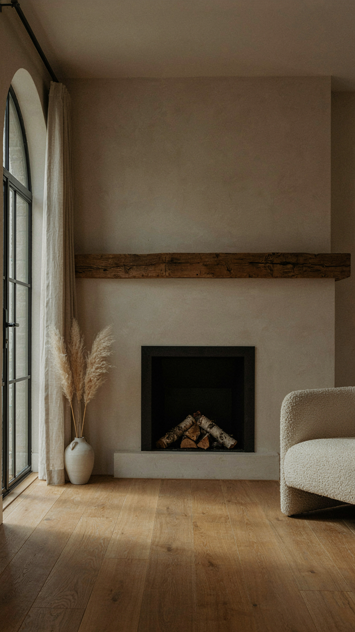 A massive reclaimed wood beam serves as a focal point in a simple room.