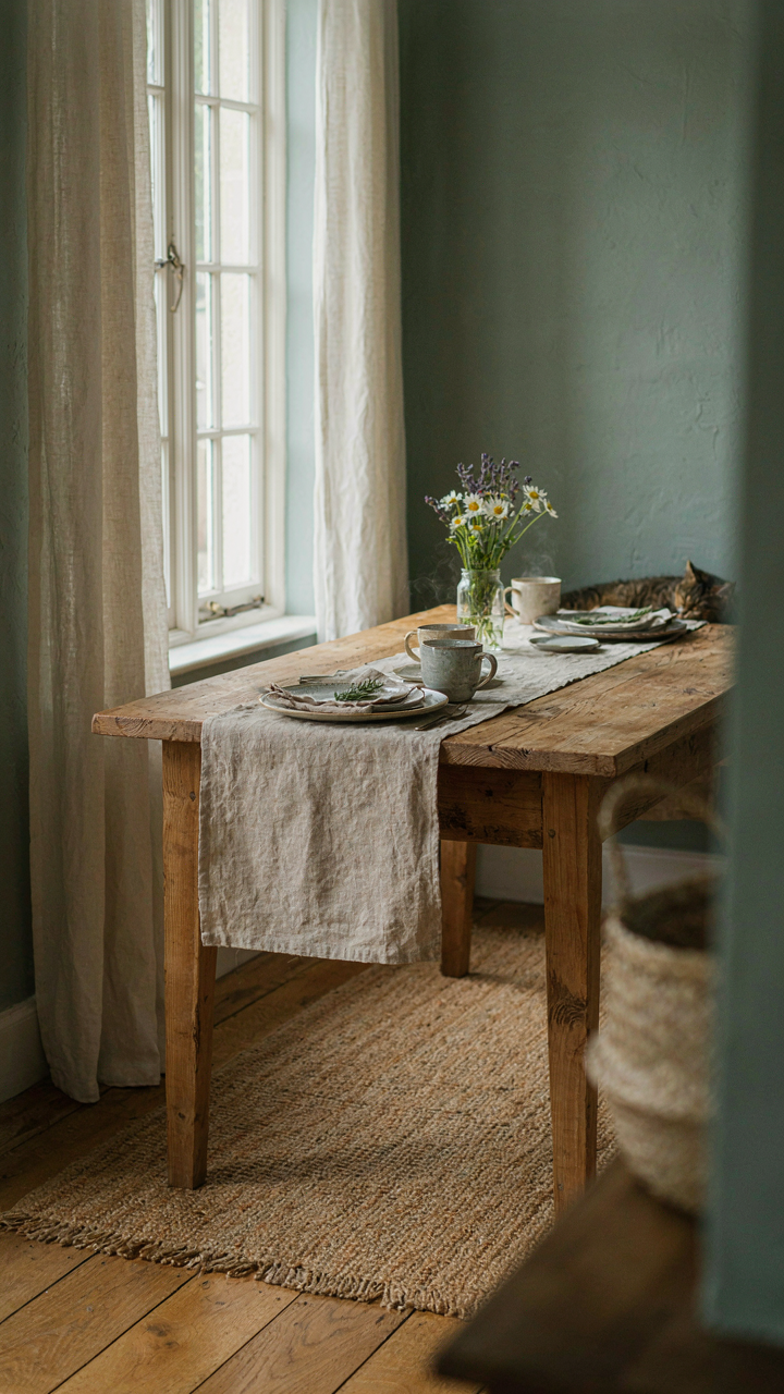 A calming sage green cottage dining room with a textured table runner.
