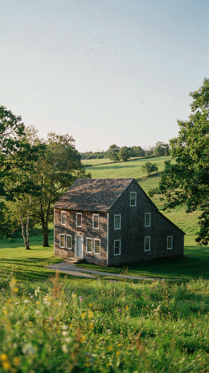 A saltbox house shows its unique asymmetrical roof profile with a lean-to addition.