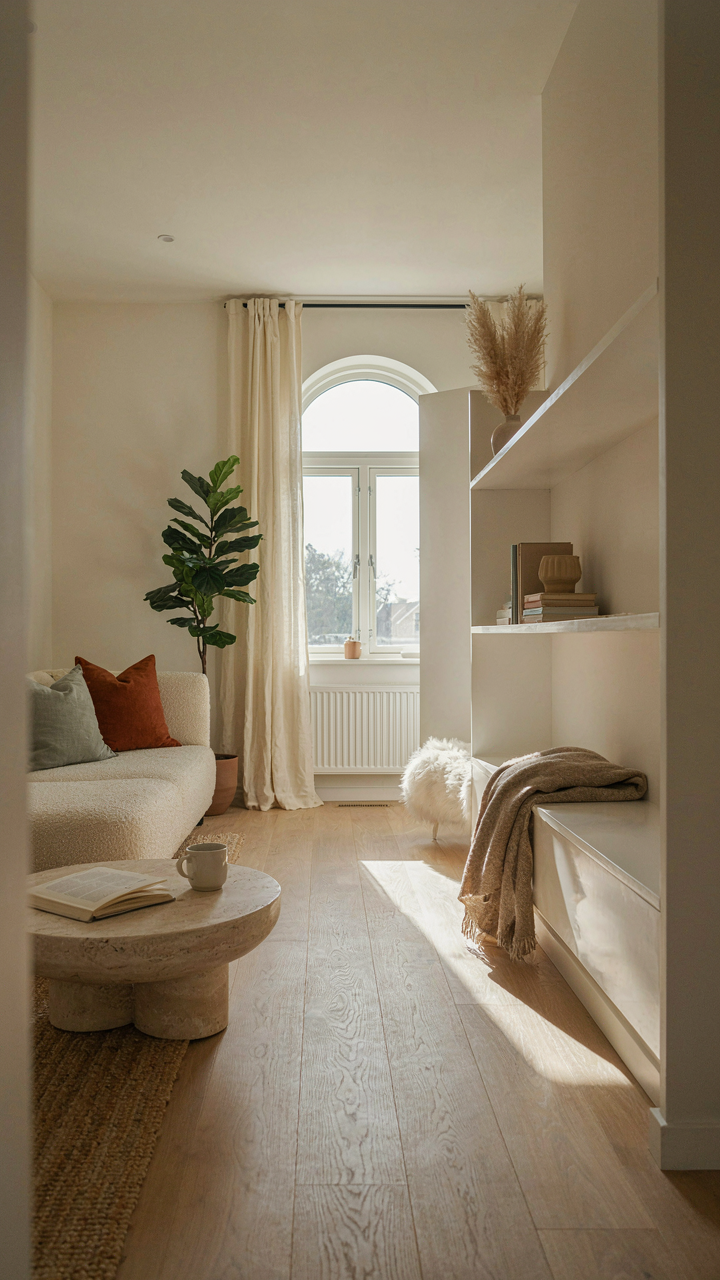 A white shelf bounces light into a corner of an open Scandinavian room.