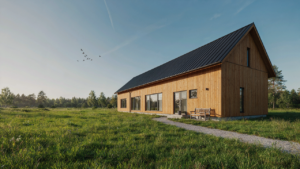 Modern scandinavian barn house with wood siding and large windows in a green field.