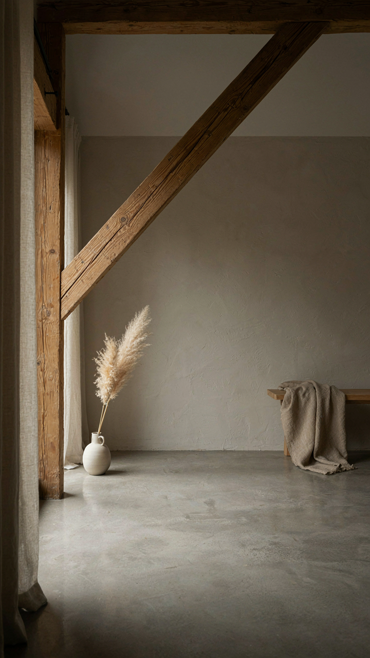 An exposed pine beam in a scandinavian bungalow catches soft northern light.