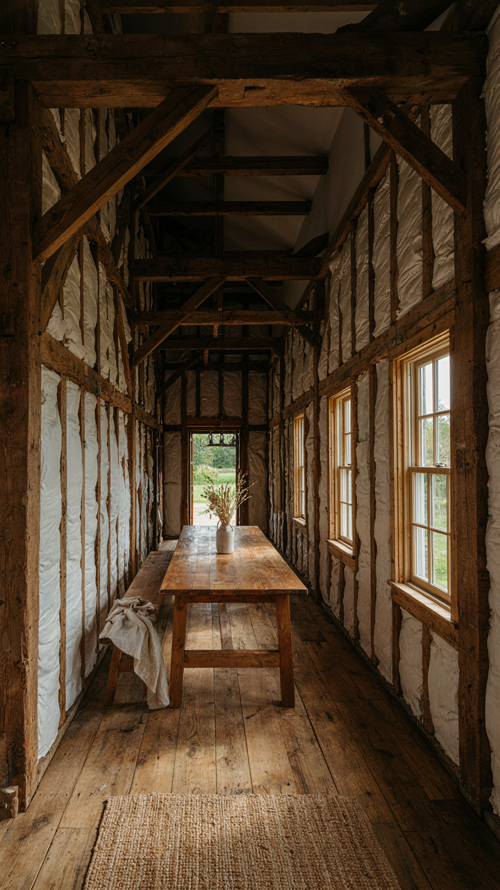Inside a renovated barn house with a visible timber frame and new insulation.