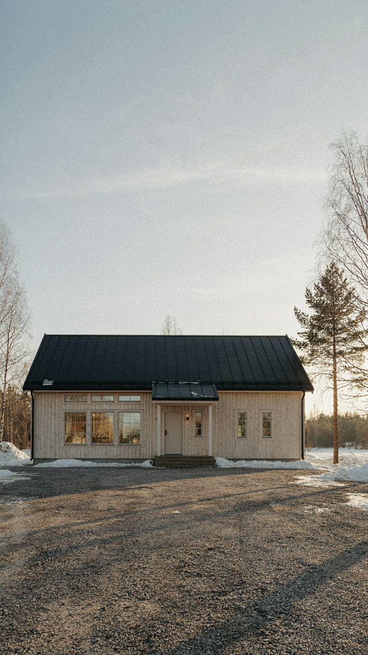 A scandinavian bungalow with a shallow roof pitch reflects low winter sun.