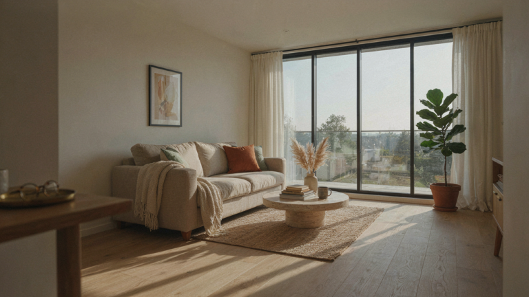 A bright scandinavian bungalow living room with light wood and big windows.