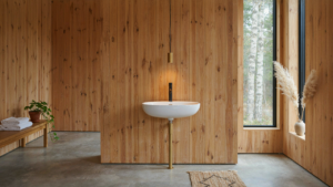 A serene Scandinavian cabin bathroom with light wood walls and a minimalist design.