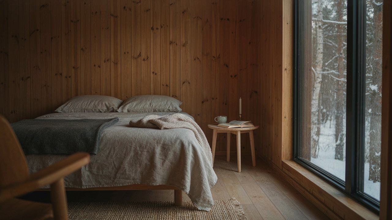 A tranquil Scandinavian cabin bedroom with a simple bed and a large window facing a snowy forest.