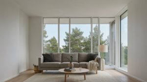 A scandinavian cabin living room with a gray sofa and large windows.