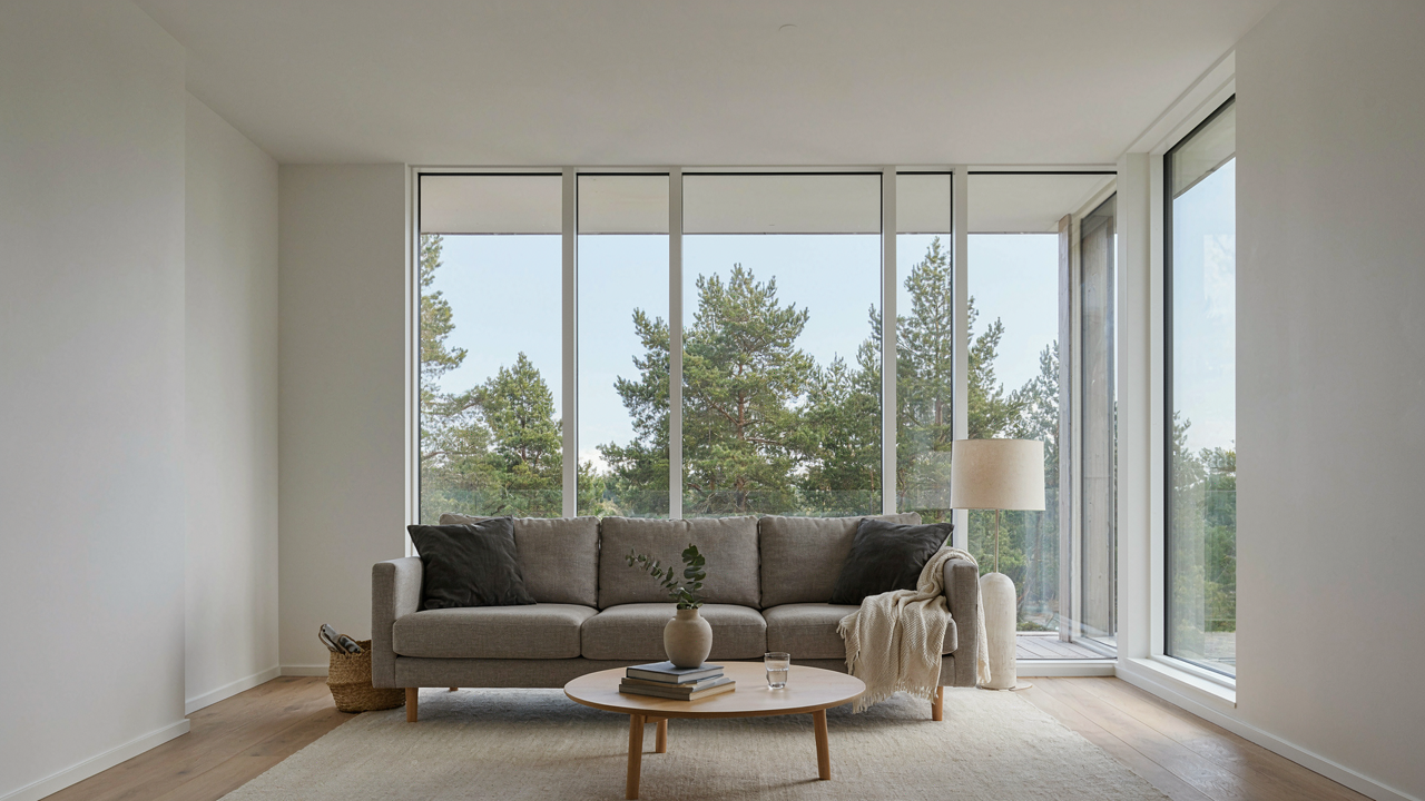 A scandinavian cabin living room with a gray sofa and large windows.
