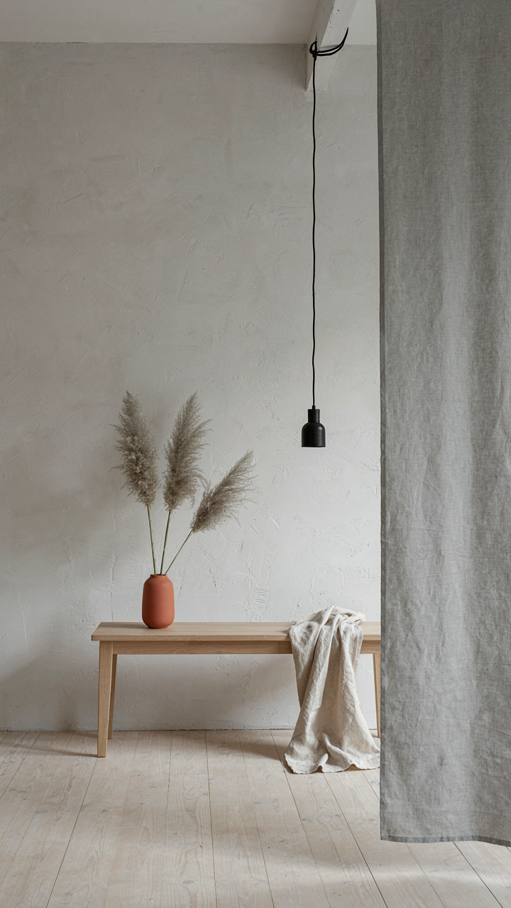 A matte white plaster wall next to a light gray wool textile.