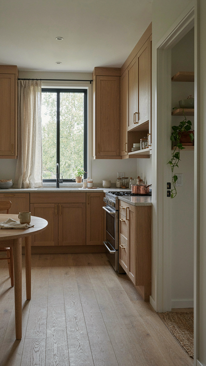 A simple, efficiently laid out kitchen with clustered utilities.