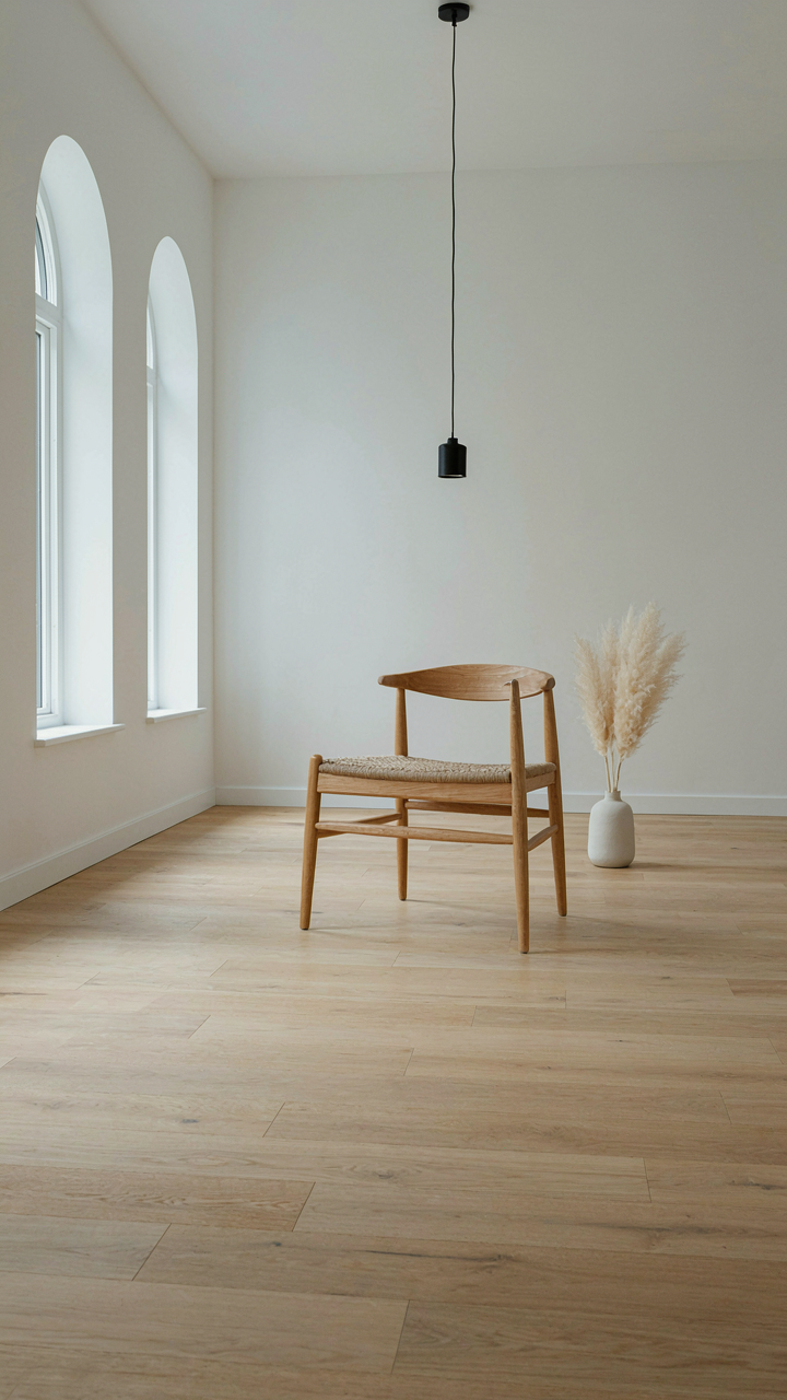 A single modern wooden chair against a clean white wall.
