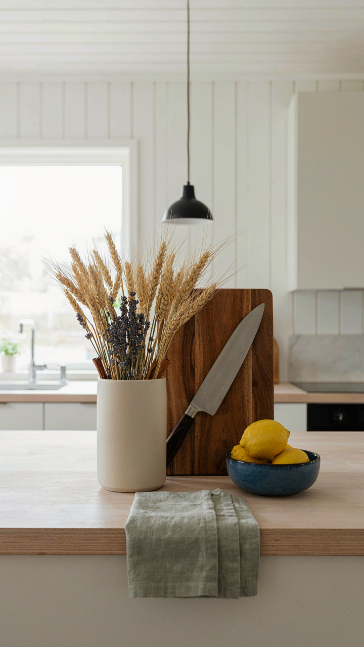 A ceramic vessel, cutting board, and knife on a kitchen counter.