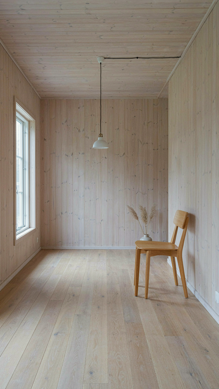 A pristine scandinavian cabin loft with light wood and a minimalist chair.