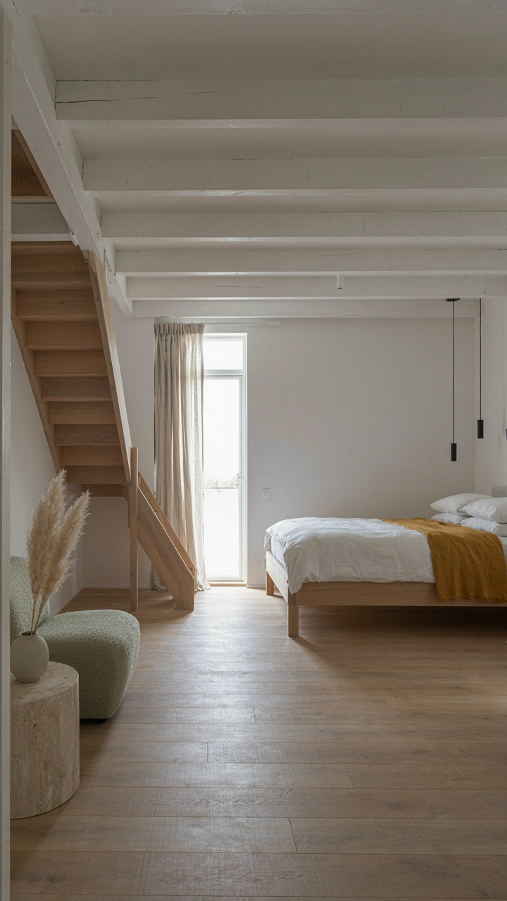 A clear load path in a scandinavian cabin loft with light wood stairs.
