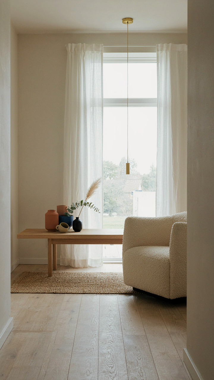 A wooden bench acts as seating and a display for objects.